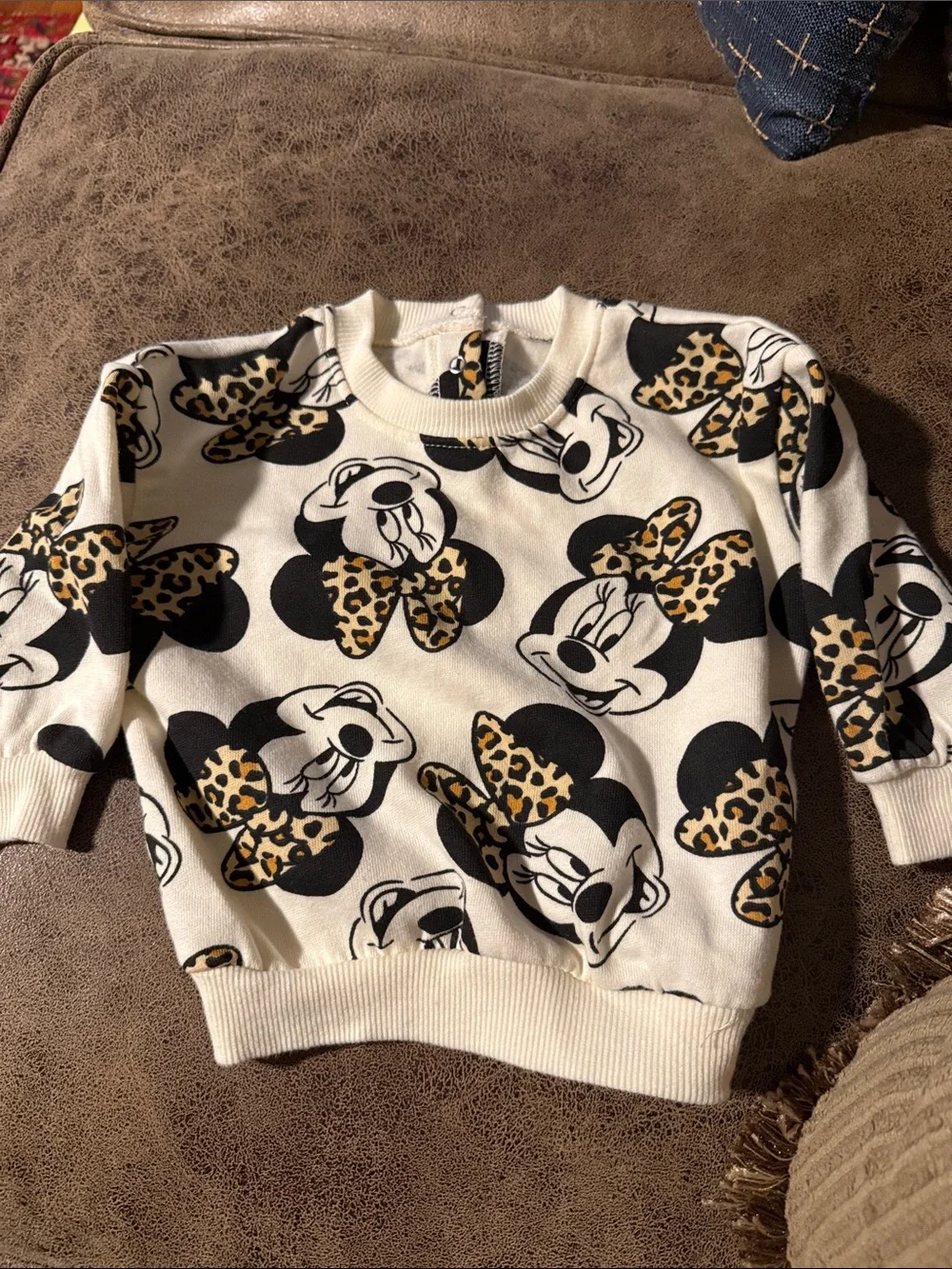 Disney Cream and Black Minnie Mouse Leopard Bow Kids Matching Set